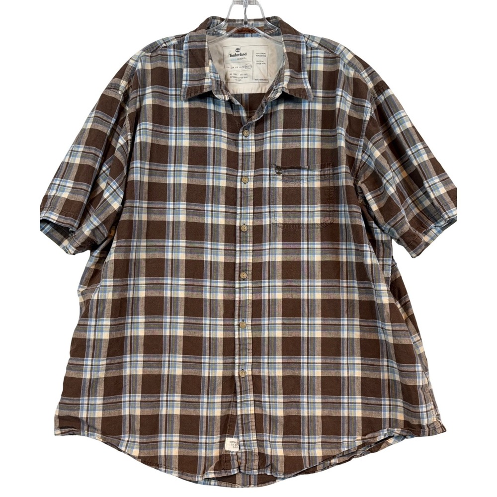 Timberland Earthkeepers Mens 2XL Brown Blue Plaid Linen Cotton SS Gorpcore Hike
